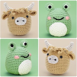 CROCHET BOX Crochet Kit for Beginners: Highland Cow and Frog Crochet Kit, Learn to Crochet, Include Easy Knitting Soft Yarn, Step-by-Step Video Tutorial, Hook,Starter Crochet Kit Gifts for Adults, Teens