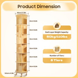 6 Tier Rotating Bookshelf 360 ° Display Floor Standing Bookcase Storage Rack,Cylindrical Wood Spinning Multi-Functional Bookshelf Organizer for Corridor,Bedroom,Study Room,Living Room