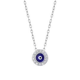 MYSTIC JEWELS 925 Sterling Silver Turkish Evil Eye Necklace with Cubic Zirconias - Rhodium Style and Gold Plated for Women Girls Gift 40+5cm Enamel Cubic Zirconia
