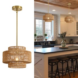 12.4” Boho Rattan Chandelier Light Fixture, 1-Light Hand Woven Pendant Light Fixture Farmhouse Rustic Hanging Lamp for Kitchen Island Bedroom, Dining Room, Living Room, Entryway, Foyer