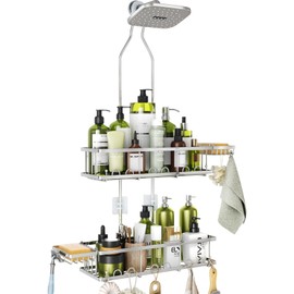 Skyapex Shower Caddy Hanging: Adjustable Height, Rustproof Shelves with Hooks, 2 Soap Holders - Silver Shower Organizer Over Showerhead