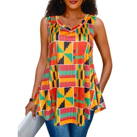 Afibi Summer Tops for Women Sleeveless V Neck Tshirt Loose Fit African Dashiki Tank Tunic Blouse (XX-Large, Golden Green)