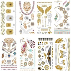 Tatuajes Temporales Niñas Metálico Etiqueta Engomada del Tatuaje Temporal Body Fake Jewelry Tatuajes 8 Hojas para Mujeres Adolescentes Niñas (Flor Colorida)
