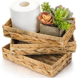 Eorbow 3 Packs Wicker Storage Trays, 10" Rattan Vanity Trays, Handwoven Toilet Paper Holder for Bathroom Towel, Rectangular Water Hyacinth Organizer for Countertop, Tank Topper, Pantry, Shelves