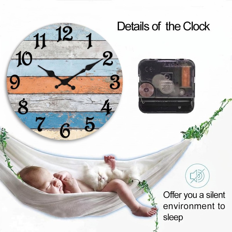 ArtSocket Round Wall Clock Silent Non-Ticking 8", Rustic Coastal