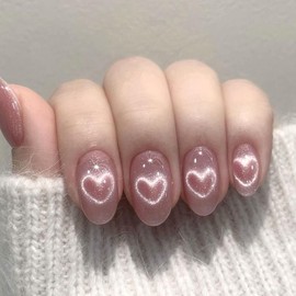 Valentine's Day Press on Nails Short Oval Fake Nails with Heart Glitter Design Glue on Nails Pink Full Cover Nails Press ons Glossy False Nails Acrylic Valentines Stick on Nails for Women 24Pcs