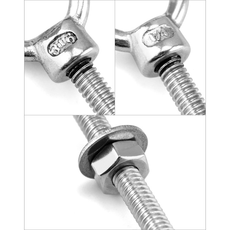 QWORK Threaded Eyebolts, 10 Pack 1/4" x 6" Long Stainless