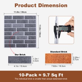 3D Faux Brick Wall Panels Peel and Stick - 10 Pack 11.8"x11.8" Gray Brick Tiles, Textured Wallpaper for Kitchen, Fireplace, Bedroom