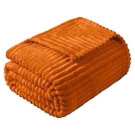 Vessia Flannel Fleece Queen Size Blanket for Bed,Couch,Sofa(90x90inch), 300GSM Microfiber Burnt Orange Striped Bed Blanket for Adults, Super Soft Warm Cozy Lightweight Ribbed Blanket for All-Season