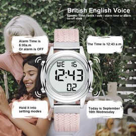 Hearkent Women's Digital Talking Watch British English Speaking Pleasant Voice LCD Big Numbers Watch for Elderly Or Blind People (BLACK)