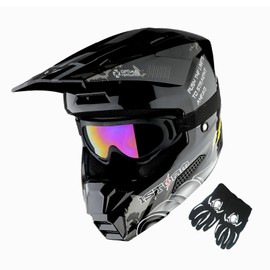 1Storm Youth Motocross Helmet ATV BMX MX Dirt Bike Go Kart Skate Kids Helmet Multi Sports Teenager DVader Silver + Goggles + Gloves Bundle