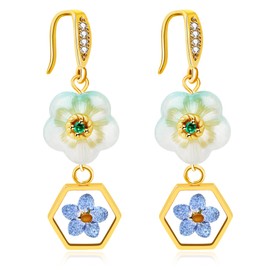 Mayfaith Exquisite Green Jade Carved Flower Earring Set, Gold-plated Flower Mustard Seed Women's Pendant Earrings, The Best Gift for Women's Faith Y4468-Green