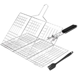 AGIgear Fish & Vegetable Grill Basket,Portable Stainless Steel BBQ Grill Basket,Folding Outdoor Camping BBQ Rack for Fish, Shrimp, Vegetables, Barbeque Griller Cooking Accessories (Silver)