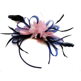 Caprilite Fashion Navy Blue and Baby Pink Feather Hair Fascinator Headband Wedding and Royal Ascot Races Ladies