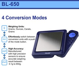 American Weigh Scales Blade Series Digital Precision Pocket Weight Scale, Gray, 650 X 0.1G (BL-650-GRY) (Blue, 650g x 0.1g)