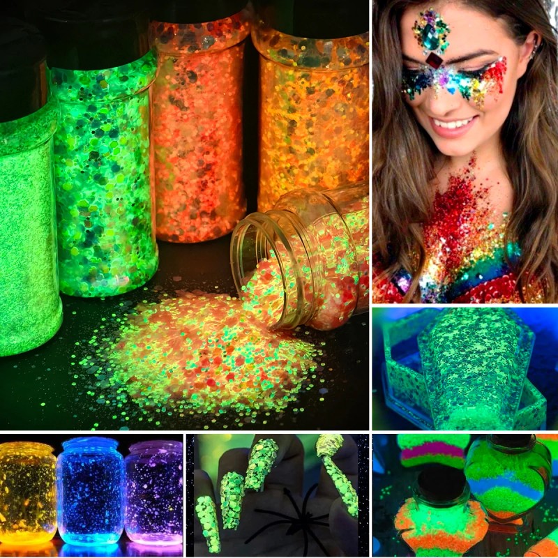 24 Colors Gow in the Dark Chunky Fine Mix Glitter