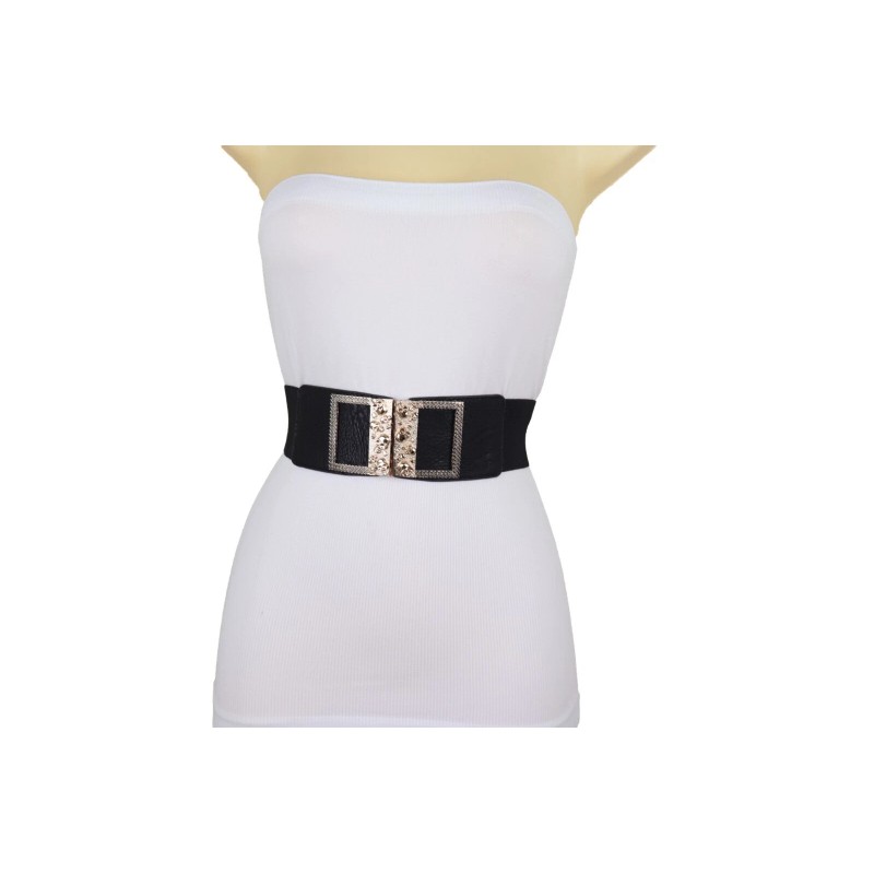 Unbranded Women Wide Black Elastic Band Belt Gold Metal Skulls