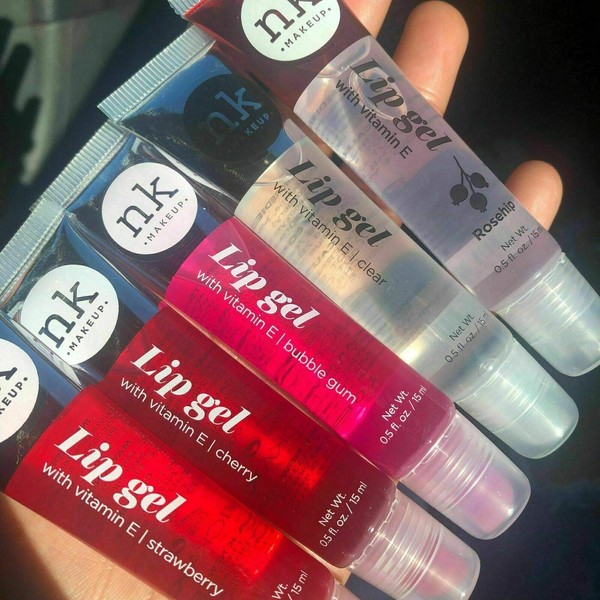 VARIETY SET OF 5 NK Hydrating Lip Gel - Vitamin E (Clear, Rosehip Oil, Bubble Gum, Cherry, Strawberry)