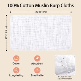 ROXANEPIG Pack of 8 Burp Cloths, Baby Muslin Cloths, 25 x 50 cm, Baby Muslin Washcloths, Absorbent Muslin Nappies, Soft Burp Cloth, Cotton Folding Nappies for Baby, White