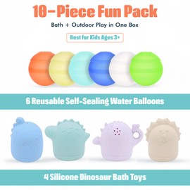 OmniHaven Dino Splash Adventure Set – 6 Reusable Silicone Water Balloons & 4 Dinosaur Bath Toys for Kids Ages 4+ – Safe, Soft Water Play for Pool, Bath, Beach & Travel