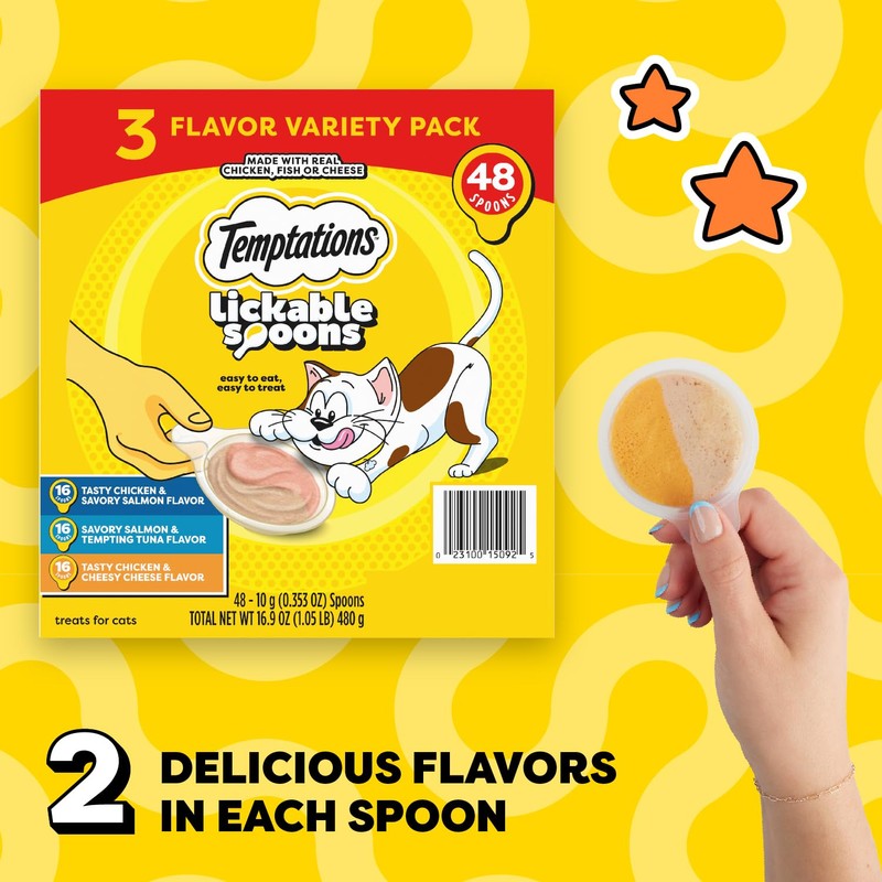 Temptations Lickable Spoons Adult Wet Cat Treats, 48 Spoons, Variety