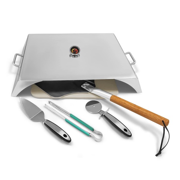 Universal Stainless Steel Grill Top Pizza Oven Kit with Pizza Stone Pizza Peel Pizza Cutter Pizza Shovel for Most Gas Grills Flat Top Grills Griddles Firepit- Set of 7 Pizza Baking Pizza Accessories
