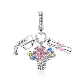 LaMenars Charms Pink Paw Dangle 925 Sterling Silver Dog Bone Pendant Bead with Zirconia Fits Europe Charm Bracelet Necklace, Gifts for Women Girls, Silver, Cubic Zirconia