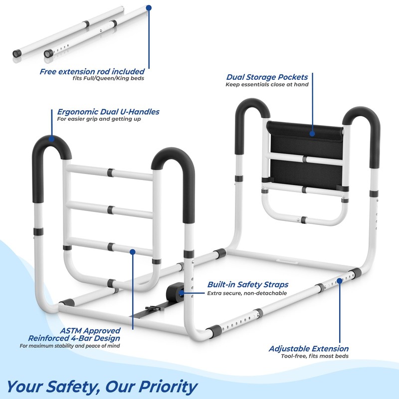 KingPavonini Dual Side Bed Rails for Seniors, 350 LBS Capacity,