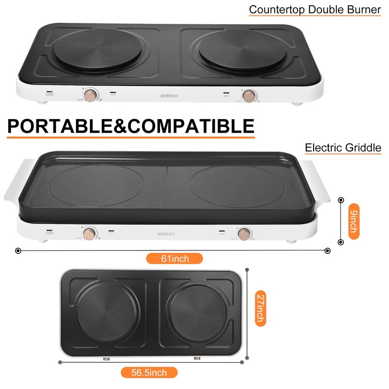 AEWHALE Countertop Double Burners with Removable Griddle Pan Non-stick,1800W Electric