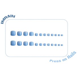 IMRAIN Blue Press on Toenails‌ Short Square Fake Toe Nails Solid Color Full Cover Acrylic Artificial False Toenails with Rhinestone Designs Glossy Stick on Toenails‌ for Women Girls 24Pcs