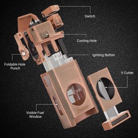 FANKAI Cigar Torch Lighter with Cigar V Cutter Cigar Punch Accessories Refillable Butane Lighter Double Jet Flame Windproof Lighters for Smoking with Gift Box (Butane Not Included) (Bronze)