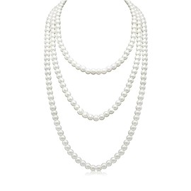 Long Pearl Necklaces,White Bead Fake Pearls Necklaces for Women,1920s Artificial Vintage Fashion Jewelry Neck Strap Faux Pearls Comfortable for Brides Wedding Birthday Party Accessories Gifts,150cm