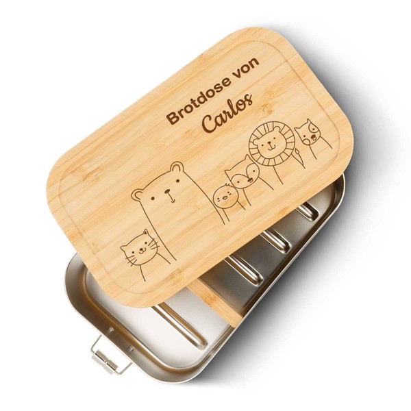 GRAVURZEILE Stainless Steel Lunch Box with Engraved Bamboo Wooden Lid