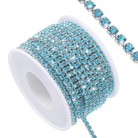 sourcing map 11 Yard Crystal Rhinestone Close Chain Trim, Crystal Rhinestone Diamond Strips for DIY, Rhinestone Bling Sewing Embellishments, Lake Blue Rhinestone with Silver Base