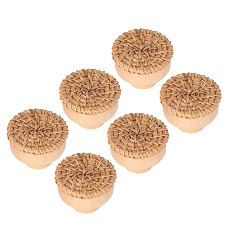 6pcs Round Drawer Knobs Wood Rattan Woven Handmade Drawer Pulls