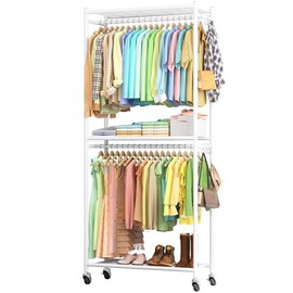 Sakugi Heavy-Duty Clothes Rack - 33.0" x 12.2" x 79.5" Clothing Rack with Shelves & Wheels, Multi-Functional Wardrobe Closet with Hooks, Sturdy Metal Garment Rack for Bedroom, Laundry, Balcony (White)