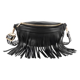MilyaDE PU Leather Waist Bag Golden Fringe Rivets Bum Bag Shoulder Bag Shoulder Bag with Waist Belt, B-black, Unit size