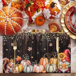 Fall Thanksgiving Placemats Gnome Squirrel Place Mat for Dining Room Pumpkin Flower Autumn Holiday Washable Non-Slip Place Mats for Kitchen Dining Table Decoration Set of 1