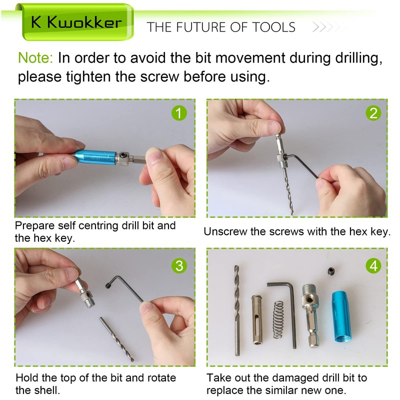 K Kwokker 9PCS Hinge Drill Bit Set, Self Centering Drill