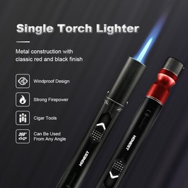 Butane Cigar Torch Lighter with Fuel Window Powerful Jet Flame Lighter with Cigar Punch Refillable Pen Lighter with Cigar Holder Draw Enhancer and Cigar Poker All-in-one Lighter with Gift Box