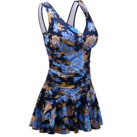 AONTUS - Traje de baño de una pieza con control de abdomen para mujer, cuello en V con protección solar UPF 50+, traje de baño retro para playa y piscina, Fuegos artificiales azules ricos, 22-24