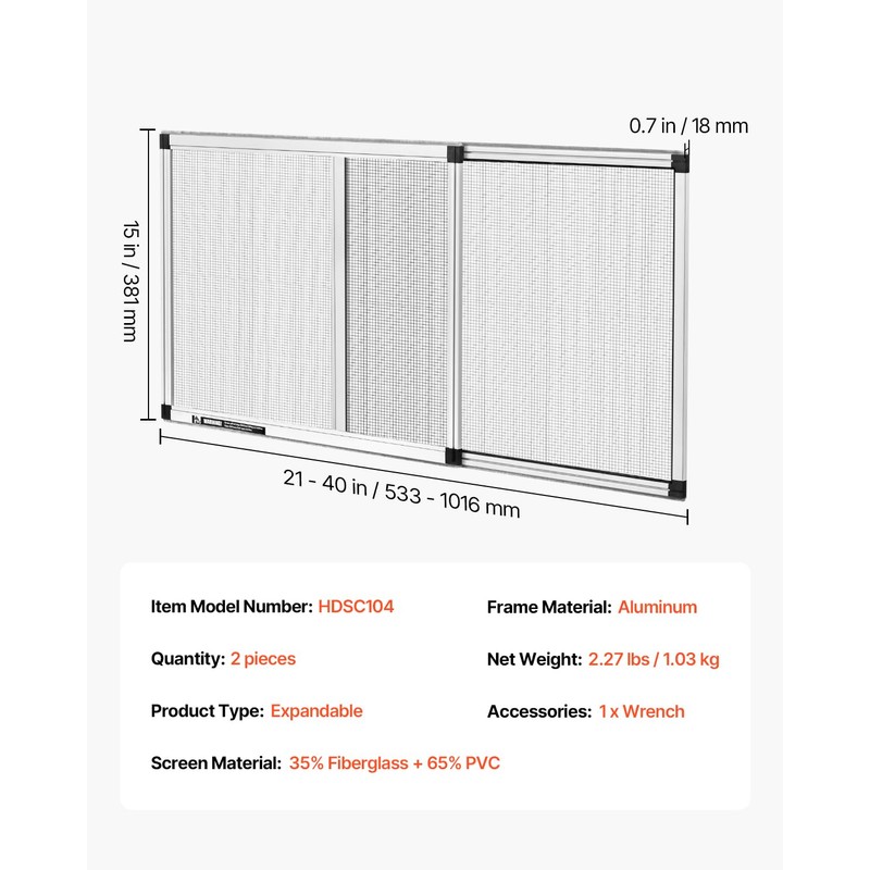 VEVOR Adjustable Window Screen, 15" H x 21" - 40"