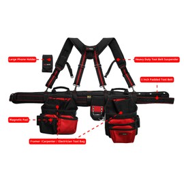 MELOTOUGH Pro Framer Combo System-Magnetic Tool Pouch Build Heavy Duty Carpenter Tool Belt and Multi Function Tool Belt Suspenders（red)