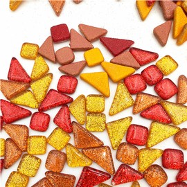 1.1LB Random Irregular Glitter Shiny Glass Mosaic Tiles for Crafts Bulk, Glass Mosaic Pieces Set for Cups Picture Frames Home Decoration DIY Art Projects (Mix Red Yellow)