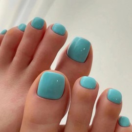 24Pcs Press on Toenails Short Square, Lake Blue French Tip False Toenails, Solid Color Spring Summer Glossy Acrylic Fake Toe Nails, Reusable Full Cover Stick on Toe Nails for Women Girls Manicure