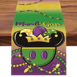 Croar Mardi Gras Table Runner, Beads Fleur De Lis New Orleans Carnival Pastel Kitchen Dining Table Decoration, Masquerade Burlap Indoor Outdoor Home Decor Party Supply 13 x 72 Inches