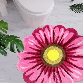 Lacomfy Bathroom Rug 3Ft Round Plush Daisy Floral Girls Bedroom Carpet Flower Bathmat Welcome Doormat Circle Toilet Rug Thick Kitchen Sink Mat Sofa Sitting Cushion Pad, 35.4in, Pink