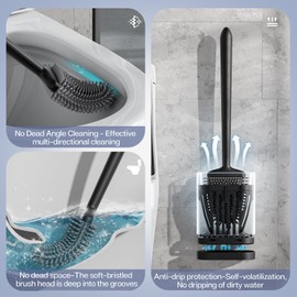 ASOBEAGE Deep Cleaner Toilet Brush: Silicone Toilet Brush with No-Slip Long Plastic Handle and Flexible Bristles, Quick Drying Holder Set for Bathroom（Black）