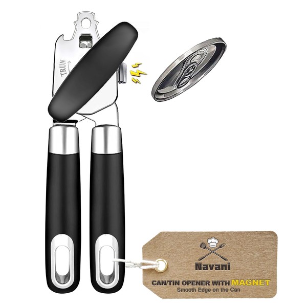 Navani Can Openers with Magnet - Heavy Duty Safety Tin Opener for Arthritis Hands - Magic Can Cutter That Works - Manual Tin Opener for Kitchen - Compact and Efficient Can Opener, Black With Magnet