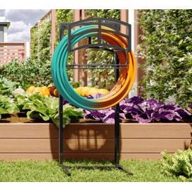 Fire Beauty Heavy-Duty Portable Garden Hose Holder with Storage Basket,120+ lbs Capacity, Holds 180ft 1/2" Hose,Dual Support Rods & Rustproof Screws,Modern Geometric Design